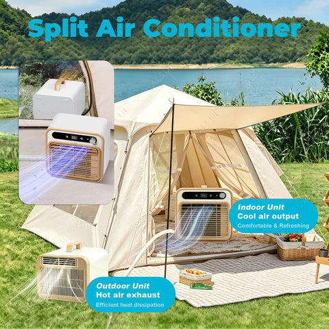 Super Chill ALsup Split Personal Unit With Handle And Quiet Cooling Power. Delivers 5000 Btu Performance For Rv Van Camper Buildouts. Tent setup with indoor and outdoor portable AC units.