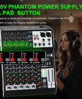 Six Channel Pro Audio Mixer With 99 DSP Effects, USB And Bluetooth Ready, 48V Power Supply, Pad Recording Button, close-up
