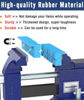 Heavy Duty 5 Inch Magnetic Vise Jaws Soft Pads 1 Pair Thick Rubber Vice Grips Covers Keep Your Metal And Steel Projects Scratch Free Top Shelf Workbench Essential, showcasing blue rubber pads on a bench vise.