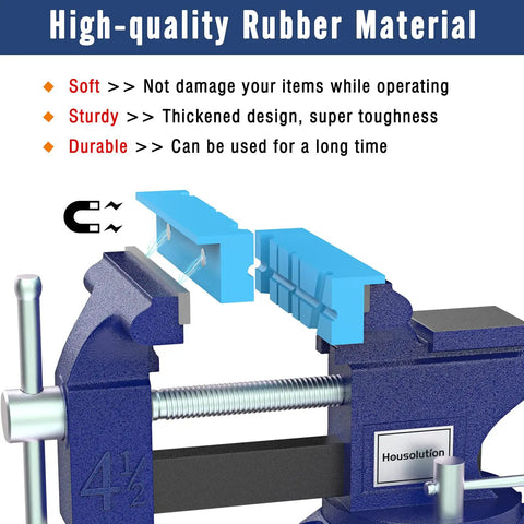 Heavy Duty 5 Inch Magnetic Vise Jaws Soft Pads 1 Pair Thick Rubber Vice Grips Covers Keep Your Metal And Steel Projects Scratch Free Top Shelf Workbench Essential, showcasing blue rubber pads on a bench vise.