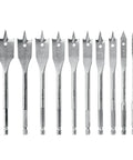 10-Piece Chisel-Point Spade Bit Set For Fast Wood Drilling With Hex Shank on display in various sizes and chisel tips