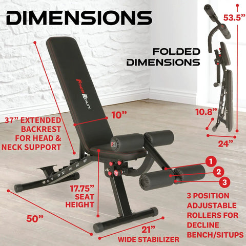 2000 Super Max XL Adjustable Weight Bench For Incline Decline Press And Full Body Workouts No Gap Foldable Home Gym Bench Built To Last With 850 Pound Capacity For Home Gyms And Pros shown with detailed dimensions.