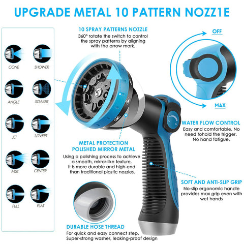 Non Expanding Garden Hose 150 Ft With Ten Pattern Spray Nozzle, kink-free metal hose nozzle with adjustable water flow