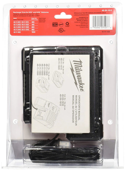 Dual 12V And 18V Lithium Ion Battery Charger With Onboard Fuel Gauge in retail packaging, includes manual and cord