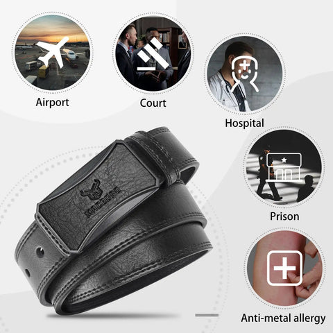 TSA Approved Nickel Free Hypoallergenic Plastic Belt with No Metal Buckle For Men Black Leather Look Breeze Through Airport Security
