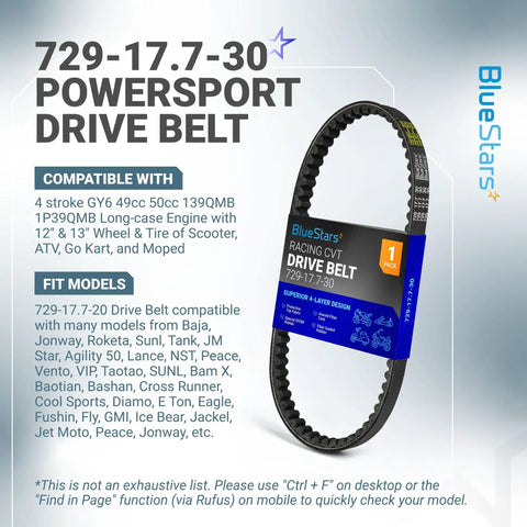 Image of Heavy Duty CVT Drive Belt for 125cc and 150cc GY6 longcase engines with product details and compatibility list.