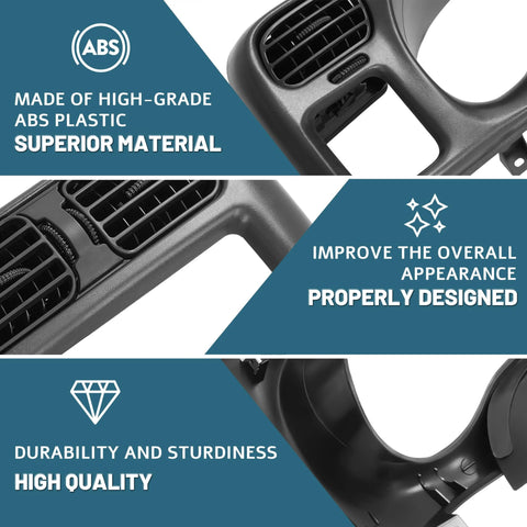 Dash radio trim bezel cover for 1998–2004 Chevy S-10/Blazer and GMC Jimmy; single‑DIN, ABS plastic, black