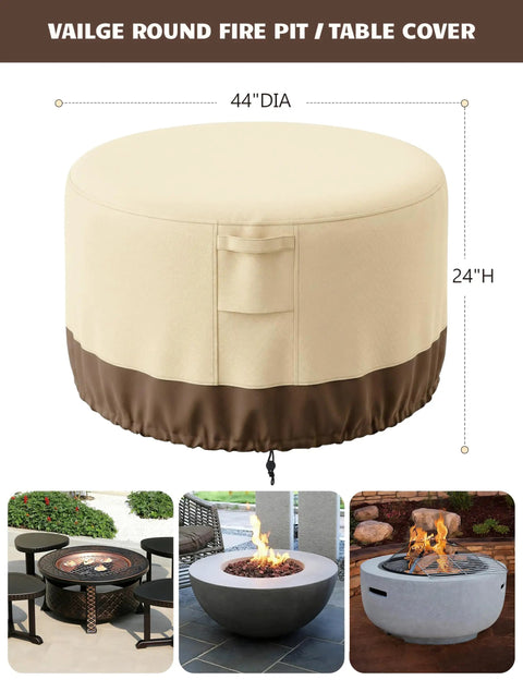 Round Fire Pit Cover Waterproof Built Tough All Weather Outdoor Heavy Duty Gas Fire Pit Table Cover With Air Vent And Handle 600D Oxford Fabric Protects From Sun Rain Snow Dust.