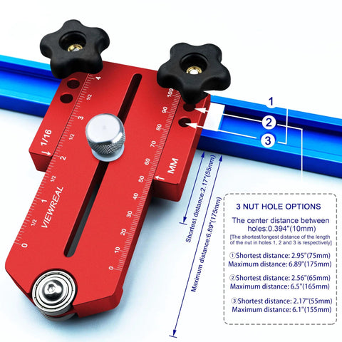 Thin Rip Jig For Table Saw With Extended Fence Guide Works With Router Tables And Saw Systems Perfect For Easy Repeating Narrow Strip Cuts And Precise Smooth Slices In Woodworking Projects, red and blue adjustable jig with measurements.