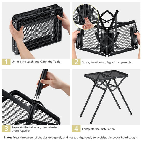 Instructional steps for setting up Foldable Grill Table For Camping And BBQ, Heavy Duty 180 Lb Capacity, Two Height Settings Up To 28 Inches