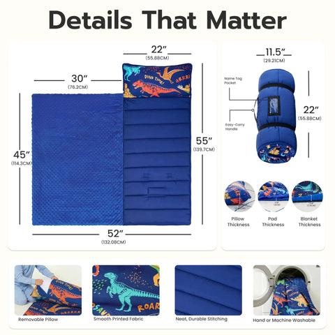 Dimensions and features of Toddler Nap Mat With Removable Pillow And Minky Blanket 55 By 30 Inches Colorful Dinosaur Design