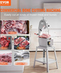 Pro Grade Heavy Duty Electric Meat Bandsaw 1500W Stainless Steel Vertical Bone Cutter in kitchen setting with meat samples