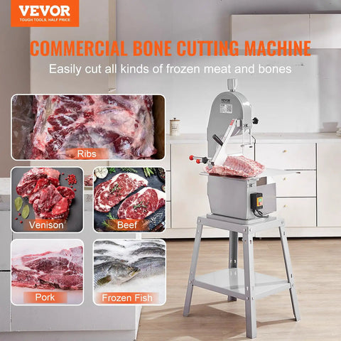 Pro Grade Heavy Duty Electric Meat Bandsaw 1500W Stainless Steel Vertical Bone Cutter in kitchen setting with meat samples