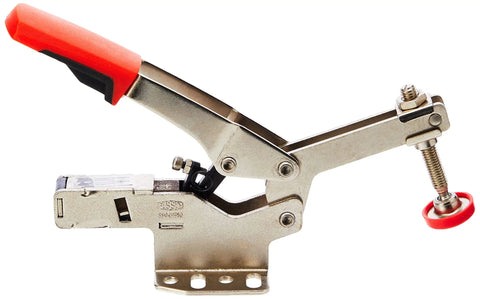 STC HH70 Horizontal Auto Adjust Toggle Clamp Nickel Plated Silver Finish side view with red rubber handle and quick release