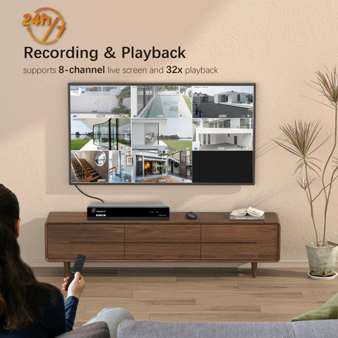 Living room setup with Super HD 1080P 8 Channel Hybrid 5 In 1 DVR Security Recorder No Hard Drive Included connected to a TV