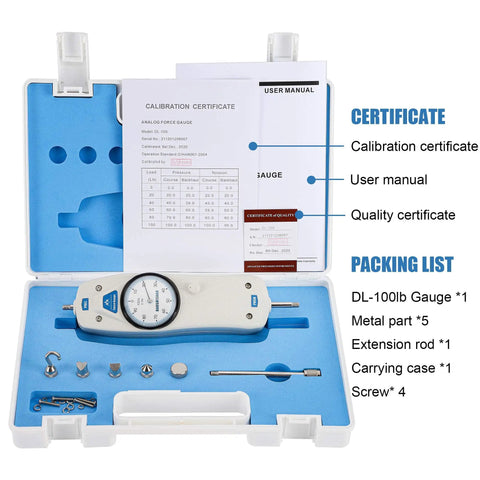 Pro Grade 100 Pound Push Pull Force Gauge With Calibration Certificate Tough ABS Shell Precise 0.5 Pound Resolution 10mm Stroke Great For Tension And Compression Testing Backed By Real Tech Support, open case with accessories