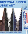 Close-up of plastic, nylon, and metal zippers with Zipper Lubricant For Plastic And Metal Zippers Silicone Grease With PTFE Marine Grade 2 Oz tube