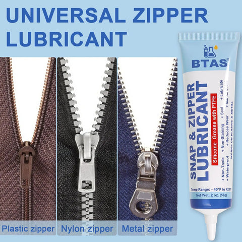Close-up of plastic, nylon, and metal zippers with Zipper Lubricant For Plastic And Metal Zippers Silicone Grease With PTFE Marine Grade 2 Oz tube
