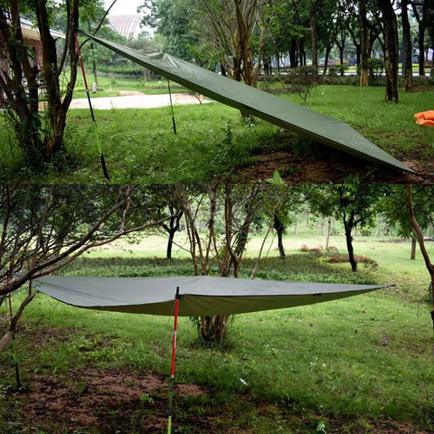 Rugged 118 By 118 Inch Waterproof Camping Tarp With 3000mm PU Coating set up as shelter in a green outdoor setting