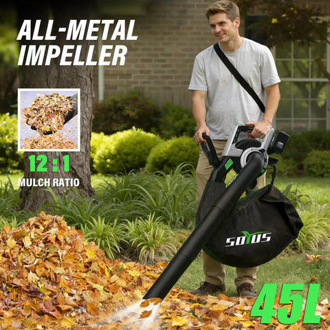 Man using 3 In 1 Cordless Leaf Blower Vacuum Mulcher with Brushless Motor, 45L bag, on autumn leaves with all-metal impeller.