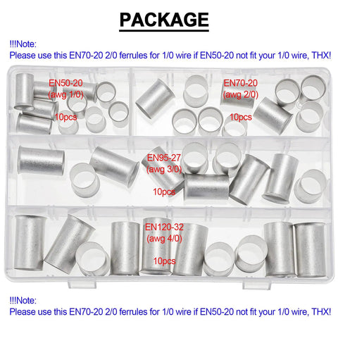 40 Piece Tin Plated Copper Wire Ferrules For One Aught To Four Aught Gauge Cables Non Insulated Crimp Terminals Assortment Kit