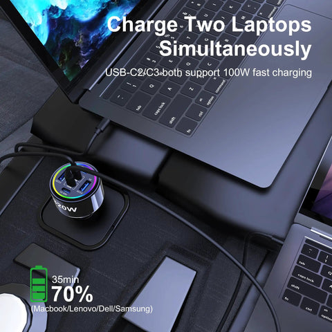 Heavy Hitter 320W USB Type C Car Charger Six Port PD Fast Charge Adapter charging two laptops on a car dashboard.