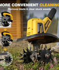Close-up of a 20V Cordless Garden Tiller Rototiller with 360 RPM breaking soil, 9 inch width, showing steel tines and handle.