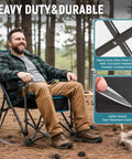 Man sitting outdoors on oversized rocking camping chair for adults with wide padded armrests and detachable pillow