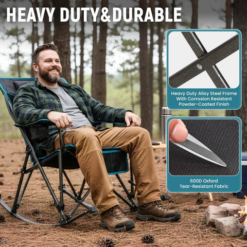 Man sitting outdoors on oversized rocking camping chair for adults with wide padded armrests and detachable pillow