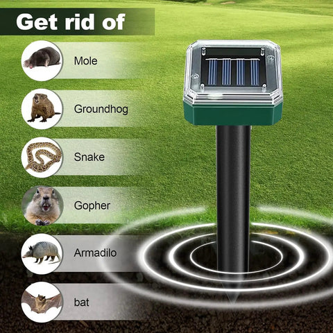 8 Pack Solar Powered Ultrasonic Mole And Rodent Repellent Stakes For Lawns And Yards Deterrent For Moles Gophers Groundhogs Voles Chipmunks And Snakes Waterproof Outdoor Burrow Deterrent Spike with pest icons