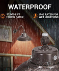 Bronze 14 Inch Gooseneck Barn Light LED Fixture with waterproof IP65 rating for outdoor use in rain, shown on barn.