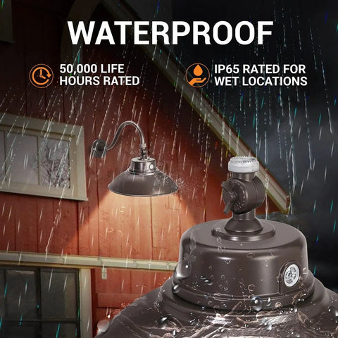Bronze 14 Inch Gooseneck Barn Light LED Fixture with waterproof IP65 rating for outdoor use in rain, shown on barn.