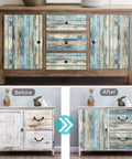 Before and after cabinets using Blue Distressed Wood Grain Peel And Stick Wallpaper For Cabinets And Walls, 15.7x118 Inches.