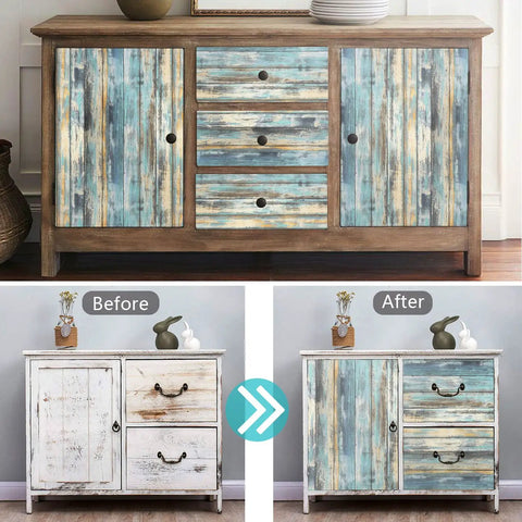 Before and after cabinets using Blue Distressed Wood Grain Peel And Stick Wallpaper For Cabinets And Walls, 15.7x118 Inches.