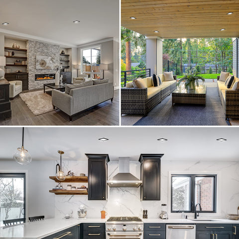 Living room, patio, and kitchen with 4 Inch Square LED Flush Mount Ceiling Light Kit, 10W Dimmable Downlight installed.