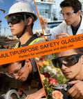 No Sweat Anti Fog Safety Glasses With ANSI Z87 Toughened Lenses UV400 Anti Scratch Side Shields And Quick Adjust Temples For Daily Jobsite Heavy Lifters In A Reliable Three Pack Gray Kit worn by workers in different settings.