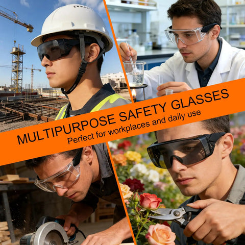 No Sweat Anti Fog Safety Glasses With ANSI Z87 Toughened Lenses UV400 Anti Scratch Side Shields And Quick Adjust Temples For Daily Jobsite Heavy Lifters In A Reliable Three Pack Gray Kit worn by workers in different settings.