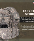 Rugged Folding Camping Shovel Set With ACU Pouch attached to camouflage backpack
