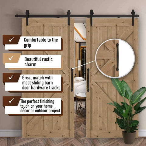 Two Pack 12 Inch Diamond Tapered Barn Door Handles Black Cast Iron Pulls installed on wooden sliding doors indoors.