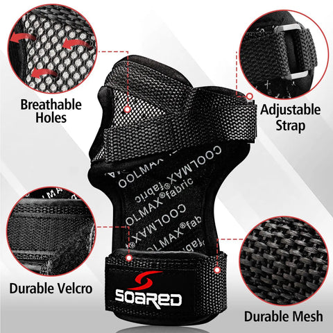 Impact Resistant Wrist Guard For Skating Skateboarding Snowboarding Skiing And Motocross With ABS Bone Shell Breathable Cushioned Interior showing features