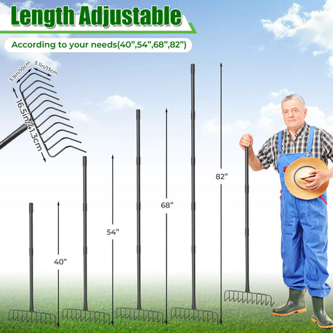 Heavy Duty Lawn Rake With 11 Stainless Tines And 82 Inch Adjustable Handle, 16.5 Inch Wide Head, shown with length options