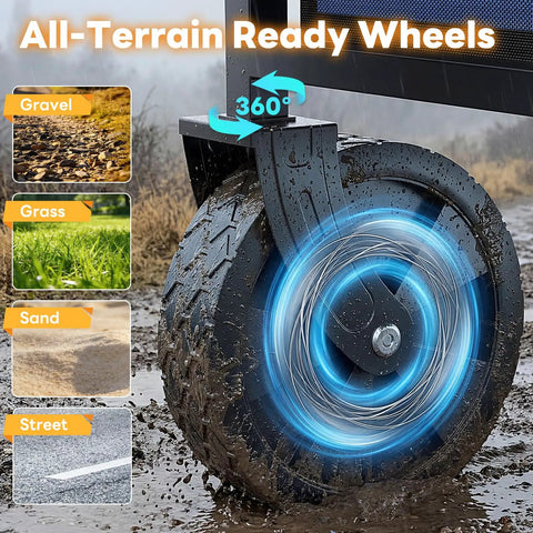 Collapsible Wagon With All Terrain Wheels 220 Lbs Capacity Heavy Duty Portable Cart close-up of wheel on mud
