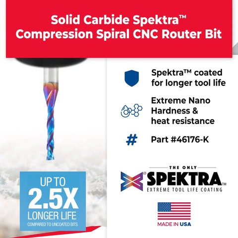 Spektra Extreme Tool Life Solid Carbide CNC Compression Spiral Router Bit with nano hardness, USA made, longer life info
