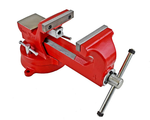 Heavy Duty 4 Inch Bench Vise Built Tough With 130,000 PSI Austempered Ductile Iron, 360 Degree Interlocking Swivel Base, Replaceable Machinist And Pipe Jaws, 2 Lockdowns, Red, side view