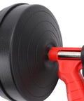Rock Solid Drain Snake For Clogged Pipes Manganese Steel Cable with black rotating drum and red handle for easy grip.