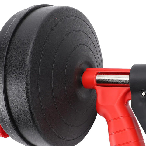 Rock Solid Drain Snake For Clogged Pipes Manganese Steel Cable with black rotating drum and red handle for easy grip.