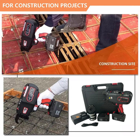 Heavy-Duty Rebar Tying Machine With Battery And Charger for Steel Ironing 4-45mm Bars in use at a construction site.