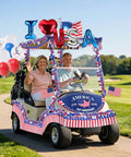Golf cart decorated with Patriotic Golf Cart Decorations Kit For 4th Of July And 250th Anniversary, USA balloons, pennant flags
