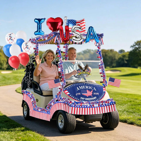 Golf cart decorated with Patriotic Golf Cart Decorations Kit For 4th Of July And 250th Anniversary, USA balloons, pennant flags