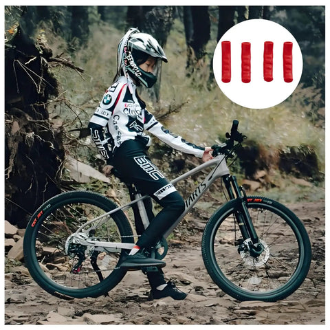 Cyclist with mountain bike using Two Pairs Silicone Brake Grip Protector Covers For Road And Mountain Bikes Red Non Slip Brake Lever Sleeve